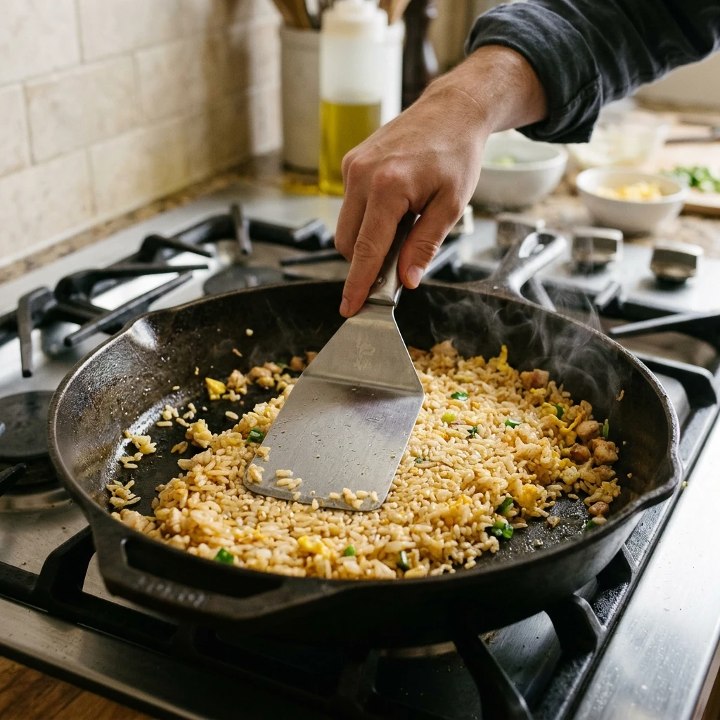 Pressing day-old rice with a spatula in a hot skillet while making easy chicken fried rice 