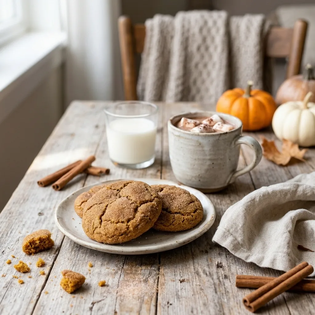Spiced pumpkin cookies on a plate with hot chocolate and milk for a cozy fall snack
