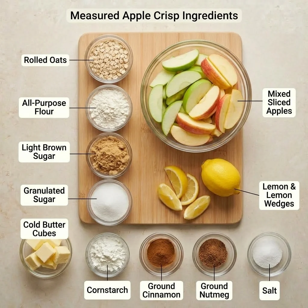 Apples, rolled oats, butter, brown sugar, cinnamon, and other ingredients for homemade apple crisp.