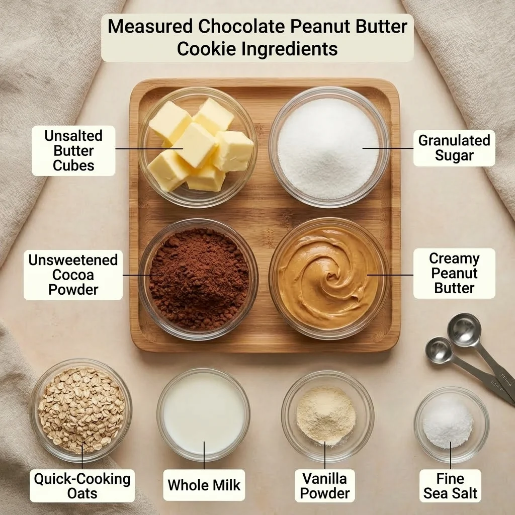  Ingredients for chocolate peanut butter oatmeal cookies arranged in bowls before stovetop cooking.