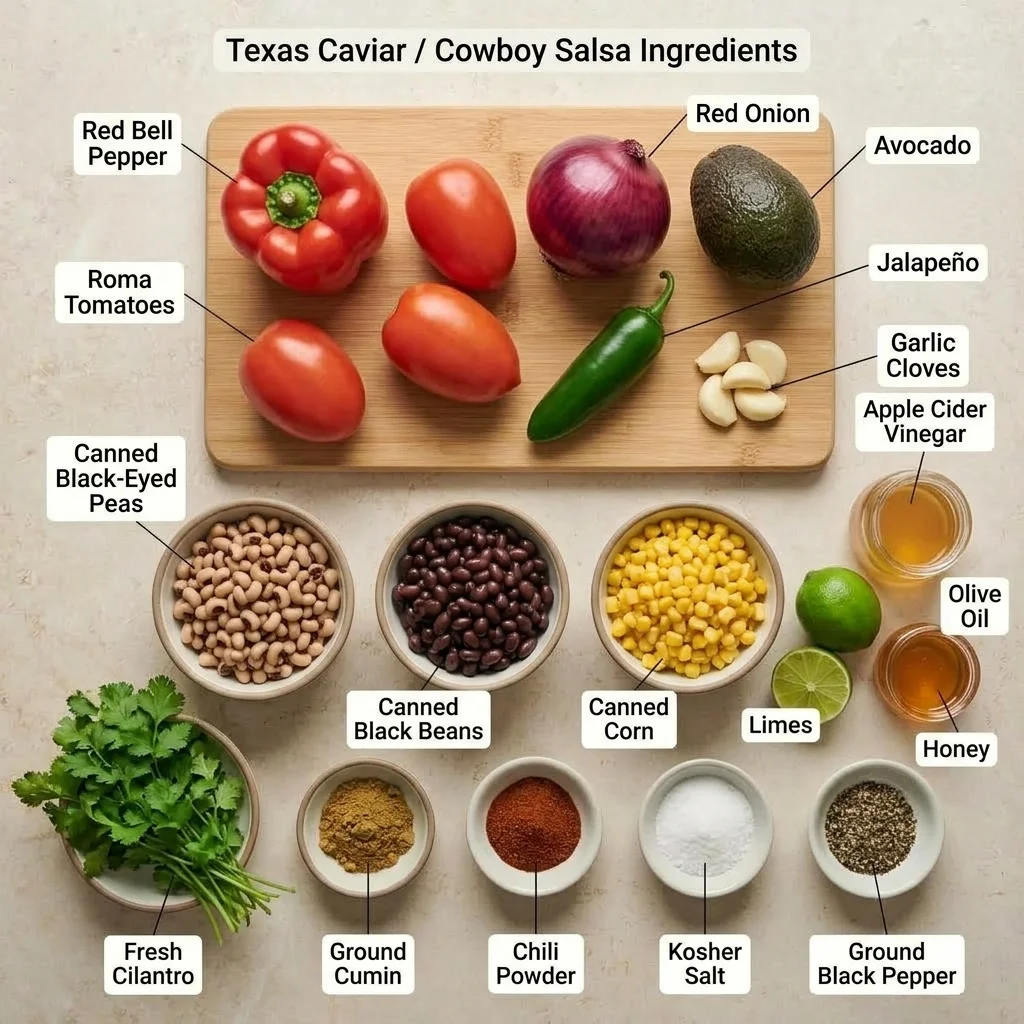 Ingredients for a black bean and corn dip arranged with fresh vegetables, lime, avocado, herbs, and spices.