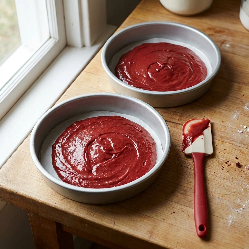 Two parchment-lined cake pans holding smooth red velvet cake batter before baking