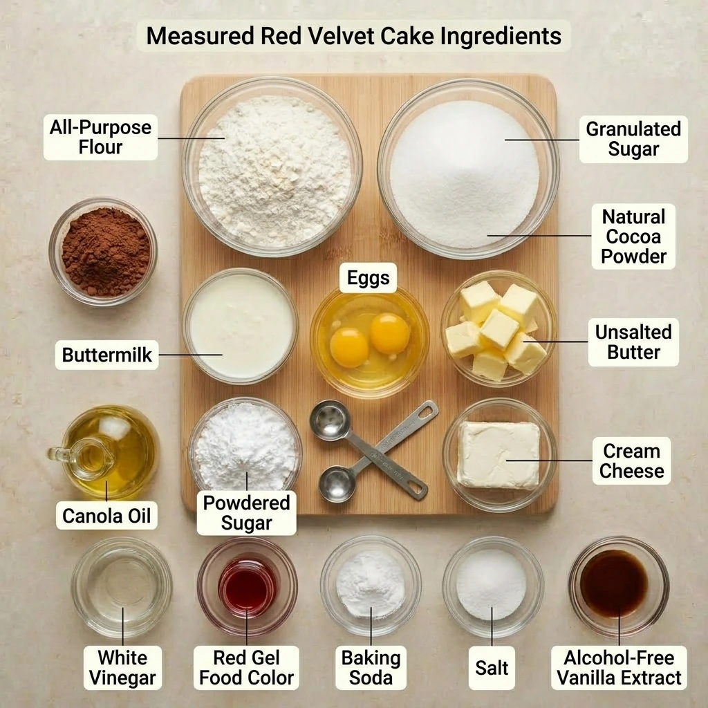 Overhead red velvet cake ingredients with flour, cocoa, buttermilk, eggs, butter, cream cheese, and red gel