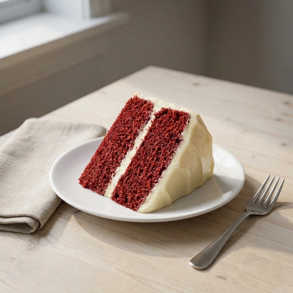 Single red velvet cake slice with visible cocoa-red layers and cream cheese filling on white plate