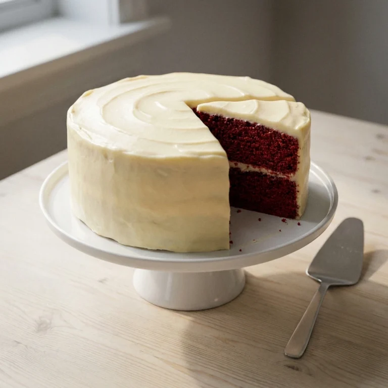Two-layer red velvet cake with cream cheese frosting on a white stand, one slice removed