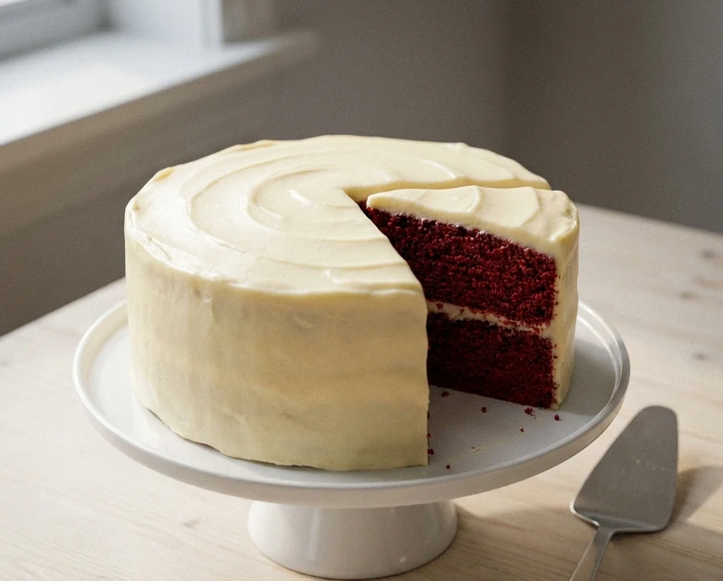 Two-layer red velvet cake with cream cheese frosting on a white stand, one slice removed