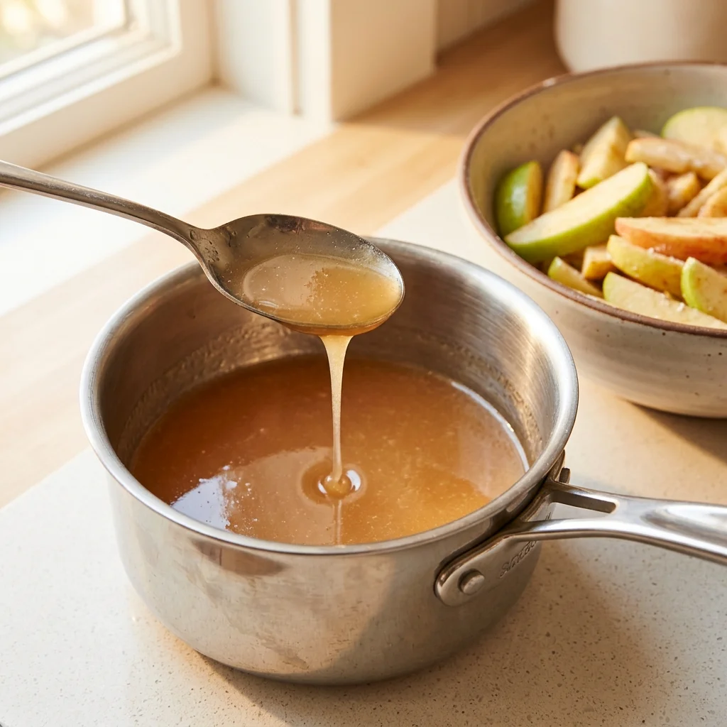 Reduced apple juices coating a spoon before being mixed back into sliced apples.