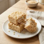 Stack of soft homemade Rice Krispie treats on a white plate with one bar pulled apart