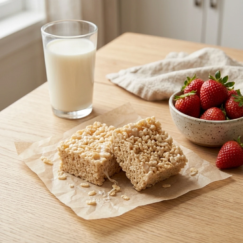 Rice Krispie treat bars served with cold milk and fresh strawberries as an after school snack