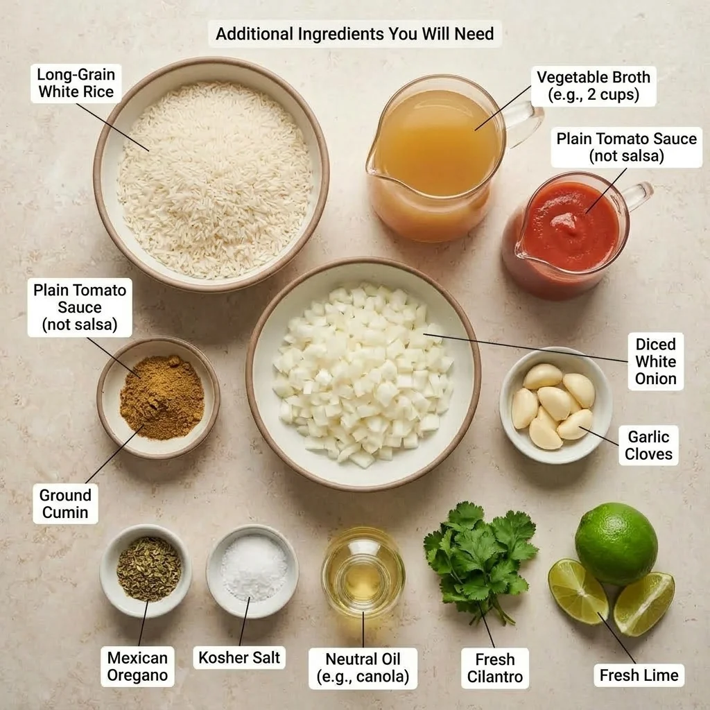Ingredients for tomato rice with long-grain rice, tomato sauce, onion, garlic, broth, and spices.