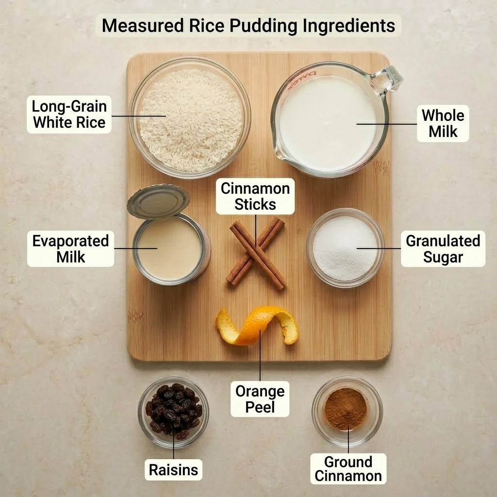 Flat lay of homemade rice pudding ingredients: rice, milk, cinnamon sticks, and orange peel