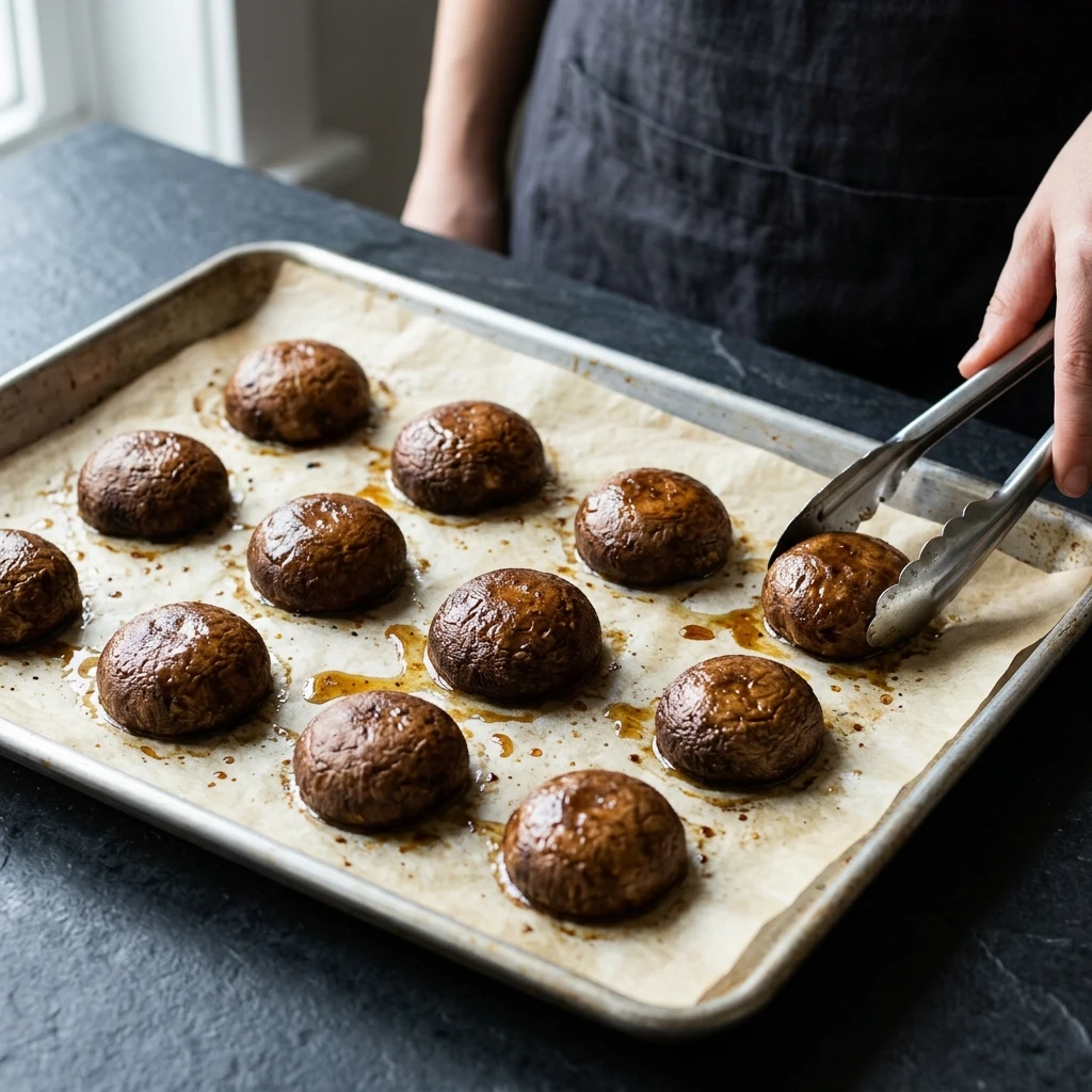 Roasted mushroom caps resting hollow side down on a baking sheet before filling, how to make stuffed mushrooms
