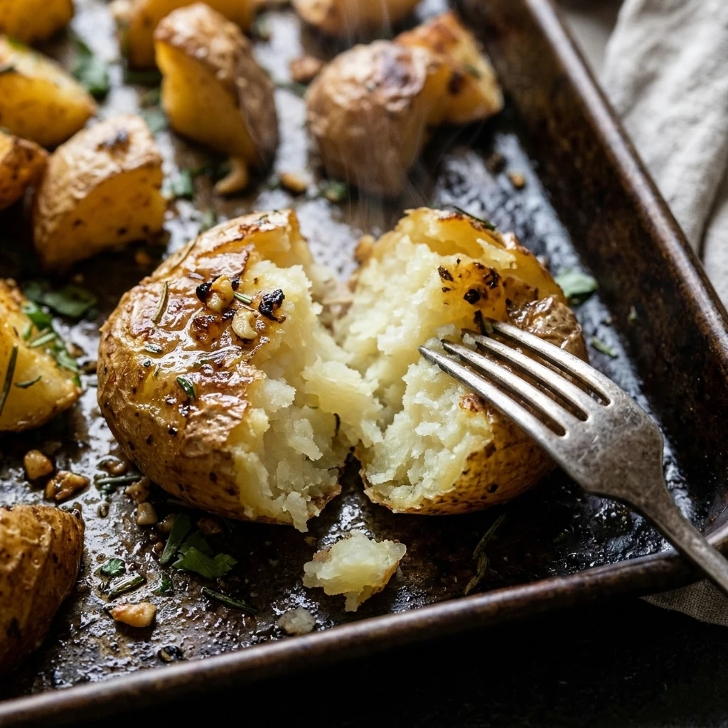Close-up of crackly golden crust on Yukon Gold roasted potatoes with a fluffy broken center
