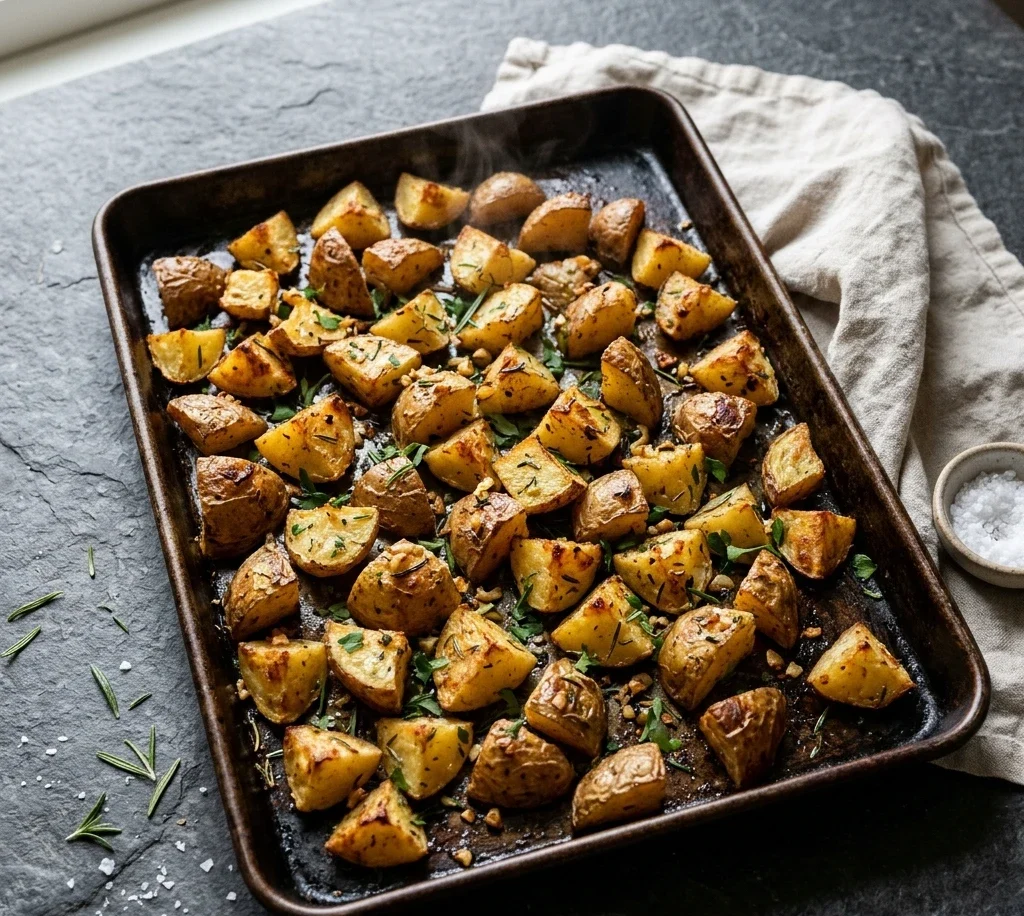 Crispy roasted potatoes with rosemary and parsley on a dark sheet pan, golden side dish fresh from the oven