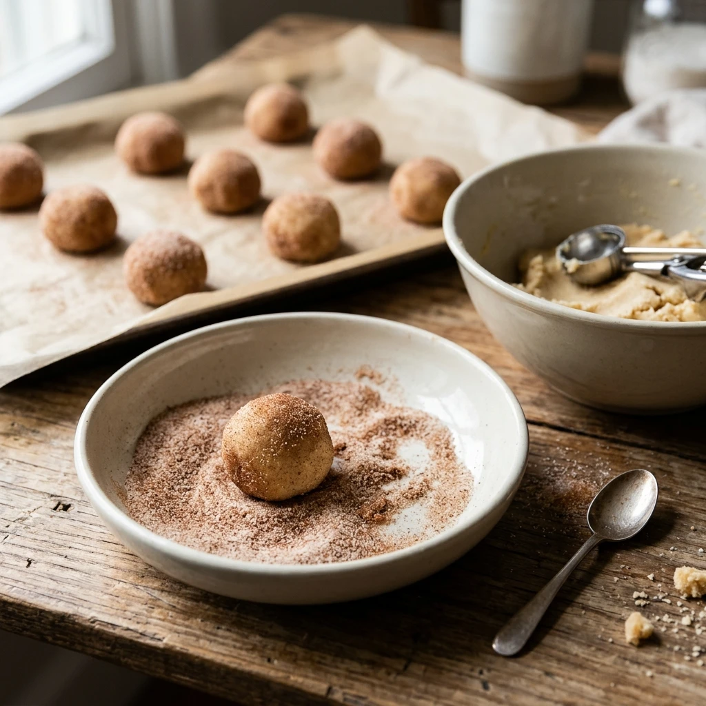 rolling cookie dough balls in cinnamon sugar for homemade snickerdoodle cookies