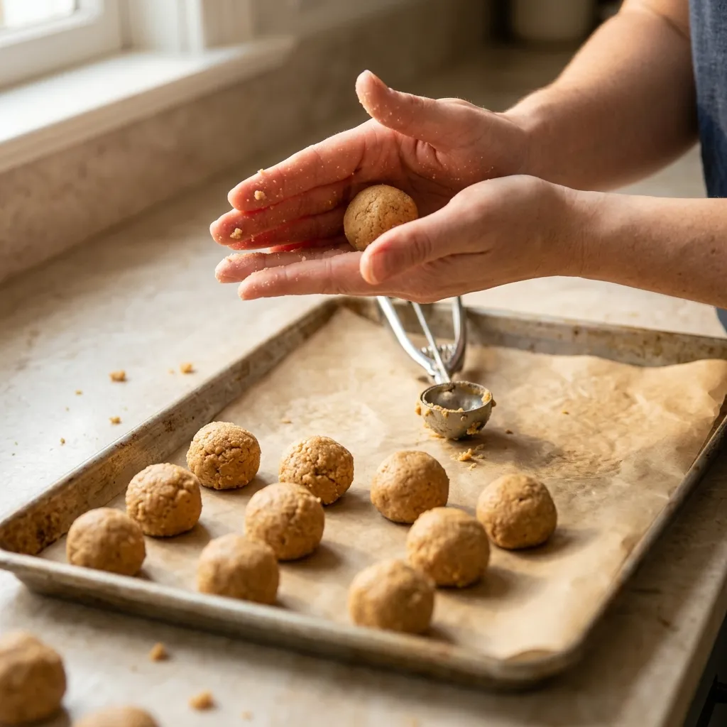 Rolling creamy dough into peanut butter balls with a cookie scoop on a lined baking sheet
