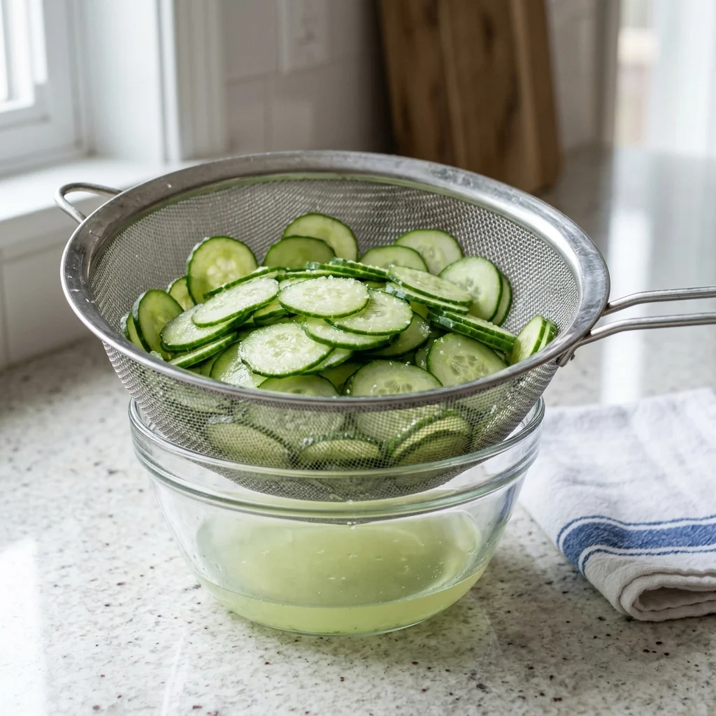 Salted cucumber rounds draining in a colander above collected liquid