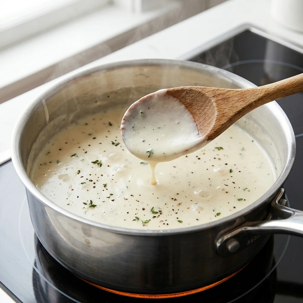 Smooth thyme cream sauce lightly coating the back of a spoon above a saucepan.