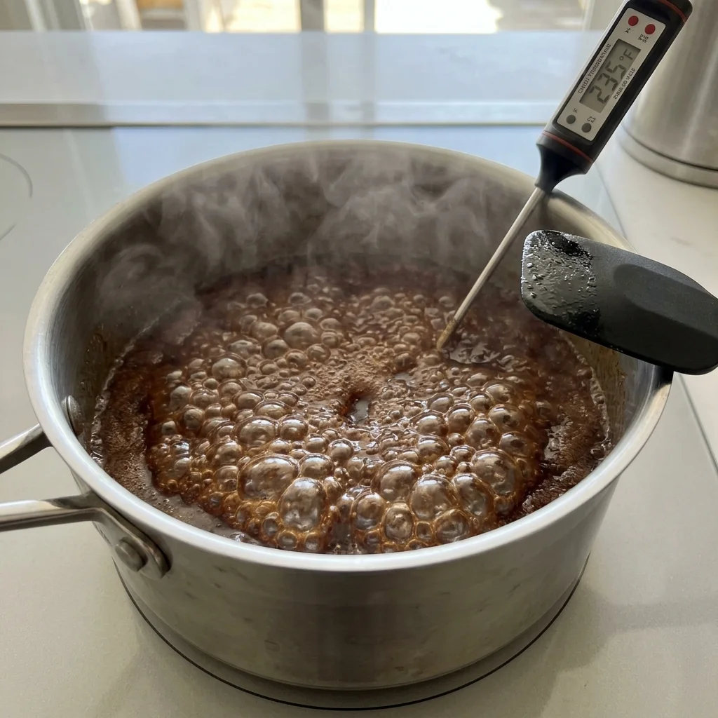 Cocoa sugar mixture at a full rolling boil in a saucepan before the oats are added.