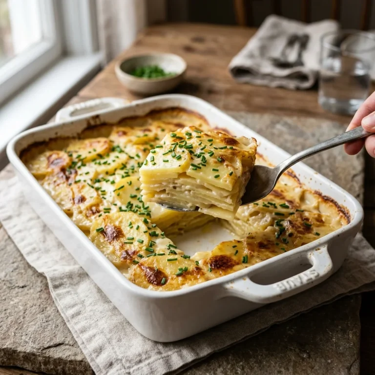 Creamy scalloped potatoes with golden patches and thin Yukon Gold layers in a white baking dish.