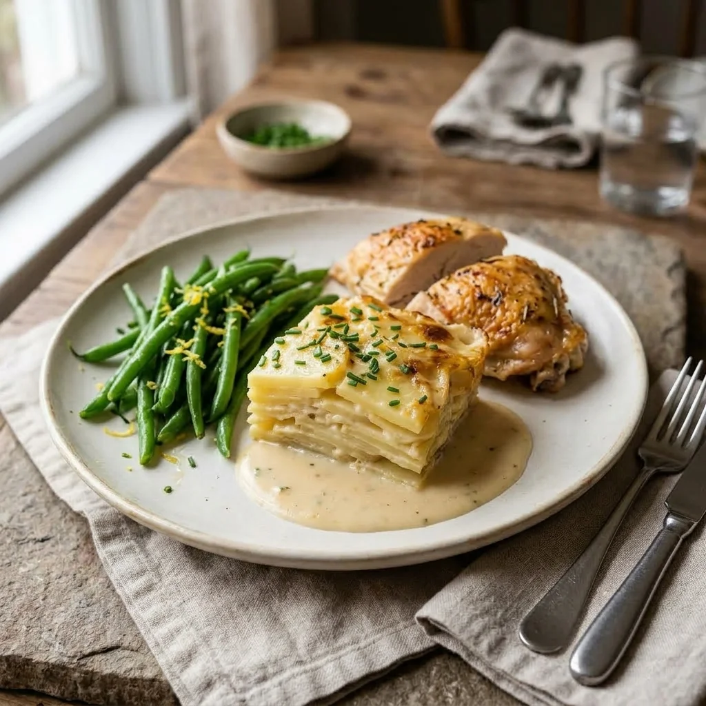 Layered potato casserole served with roast chicken and bright lemon green beans on an off-white plate.