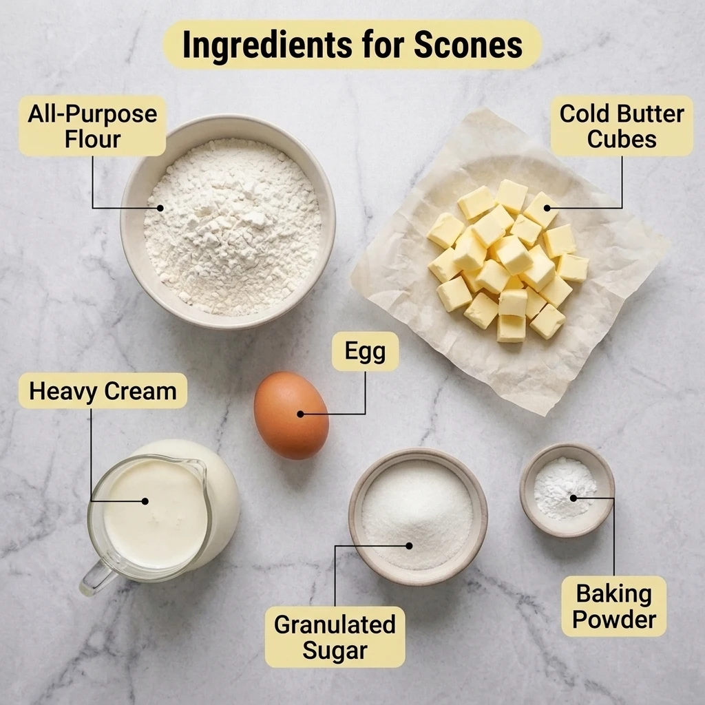 Flat lay of scone ingredients including flour, cold butter cubes, heavy cream, and an egg on a marble counter