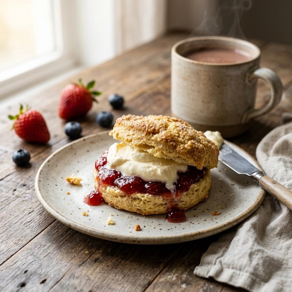 Warm split scone with strawberry jam and whipped cream beside a mug of hot chocolate for an easy brunch