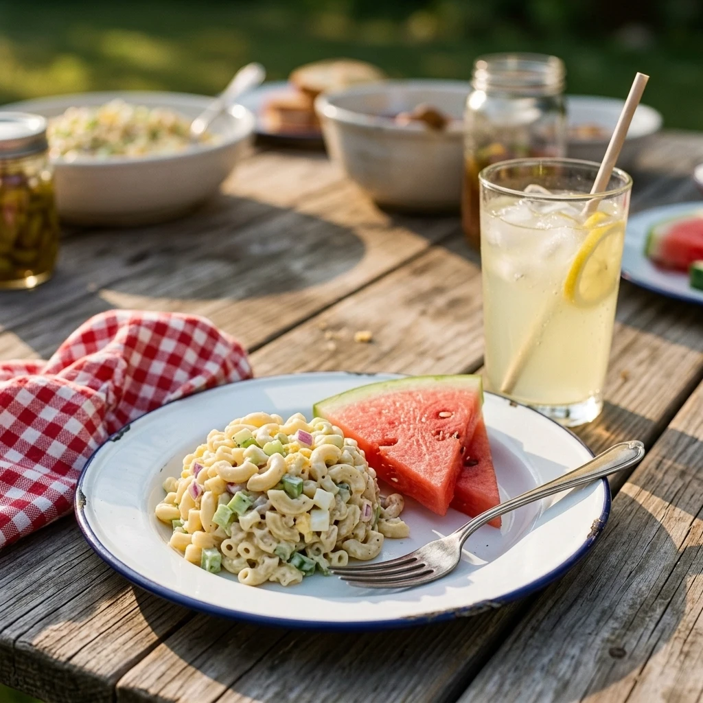  Close-up spoonful of classic macaroni salad with glossy dressing and diced celery
