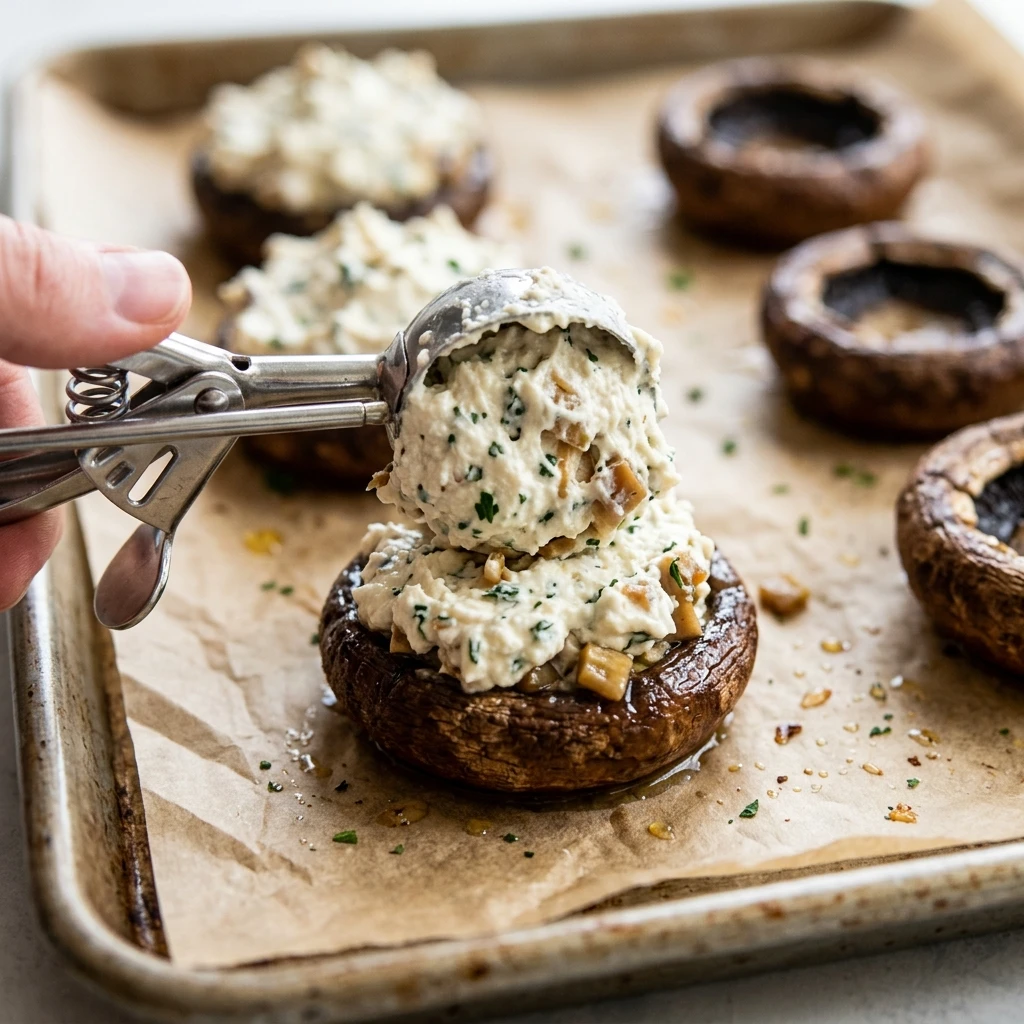 Close-up of cream cheese filling mounded into a roasted cremini cap, stuffed mushrooms assembly
