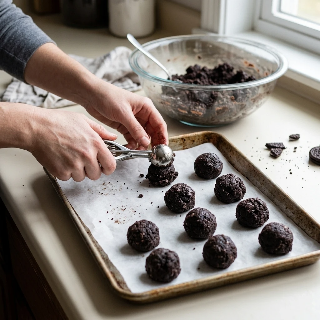  Hands scooping dark dough onto parchment to shape no-bake oreo balls, an easy step by step moment
