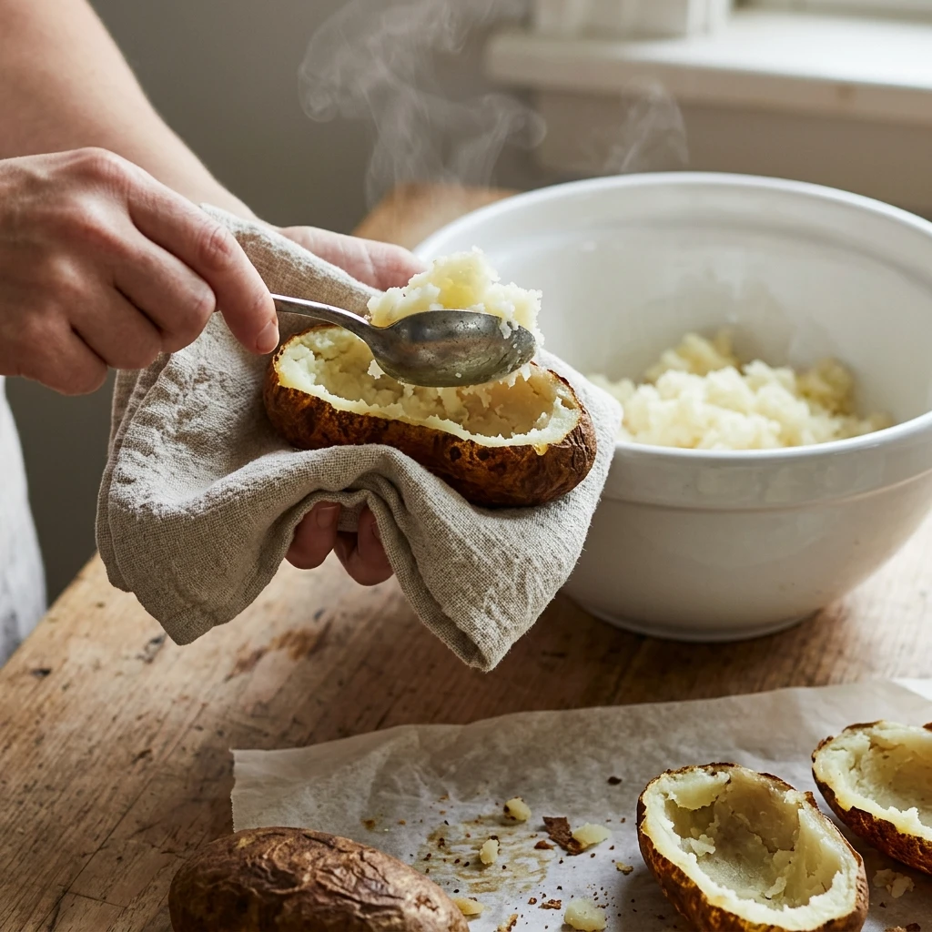 Scooping fluffy russet potato flesh from a baked shell to make cheesy twice baked potatoes
