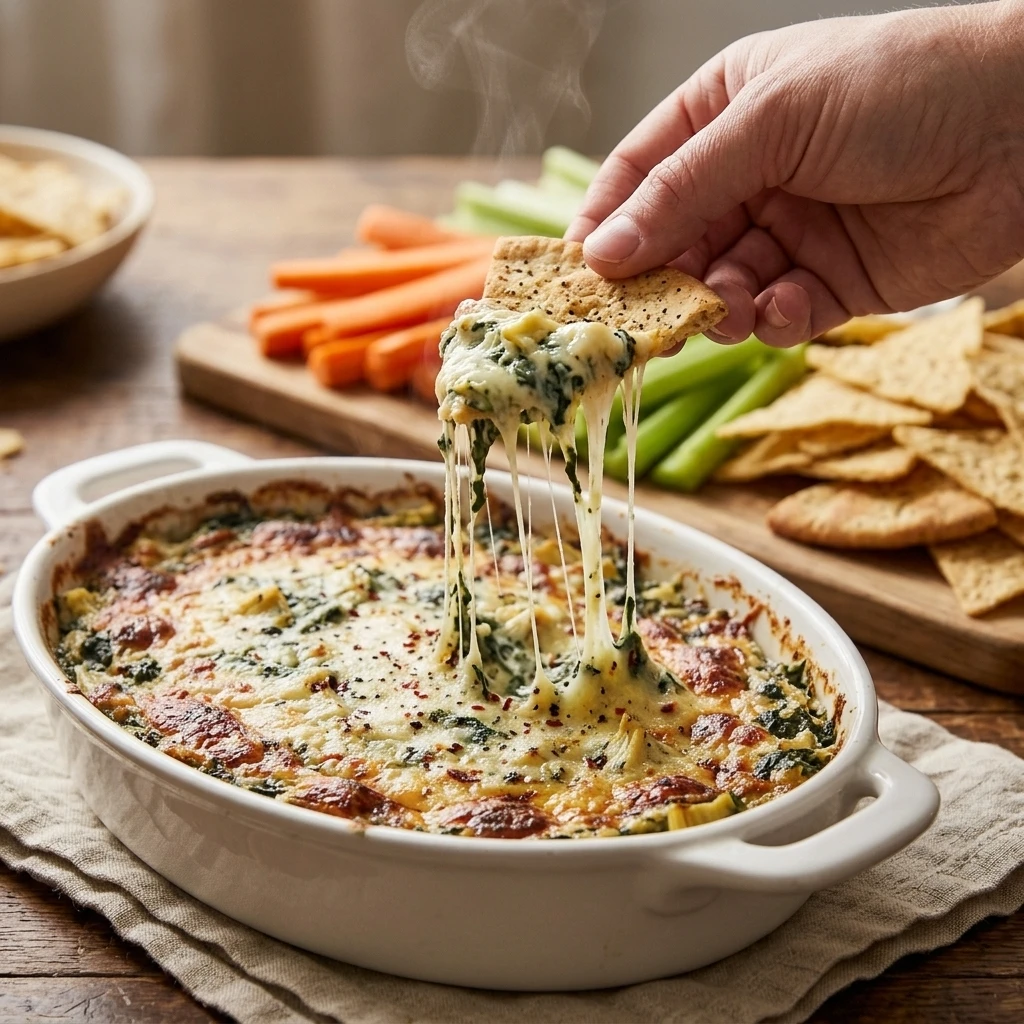 Scooping creamy spinach artichoke dip with a pita chip and a stretchy cheese pull at a party table