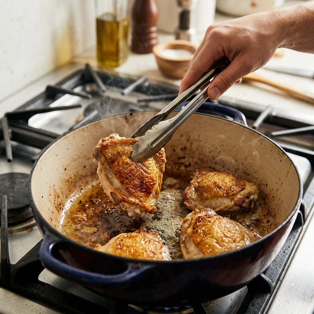 Searing chicken thighs skin-side down in a Dutch oven to start chicken soup from scratch
