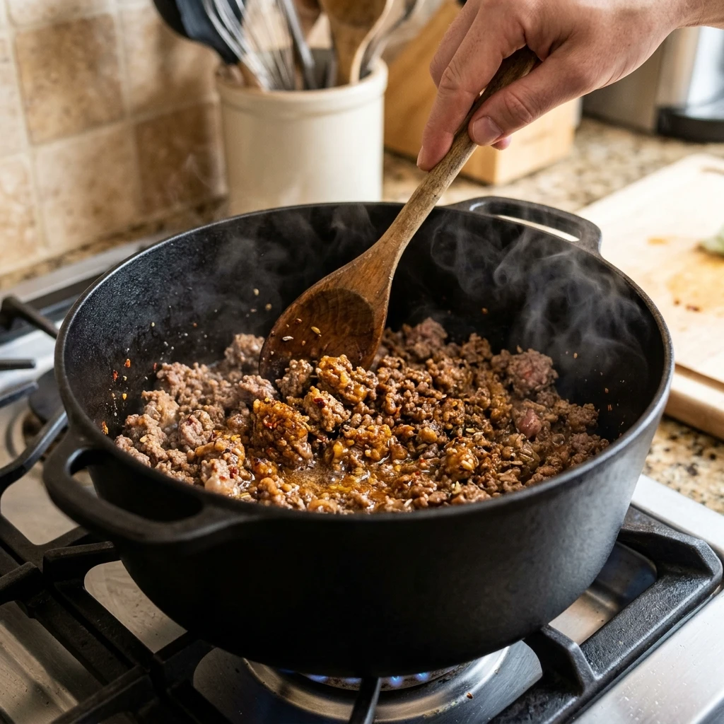 Seasoned ground beef browning in a Dutch oven to start an easy zuppa toscana soup
