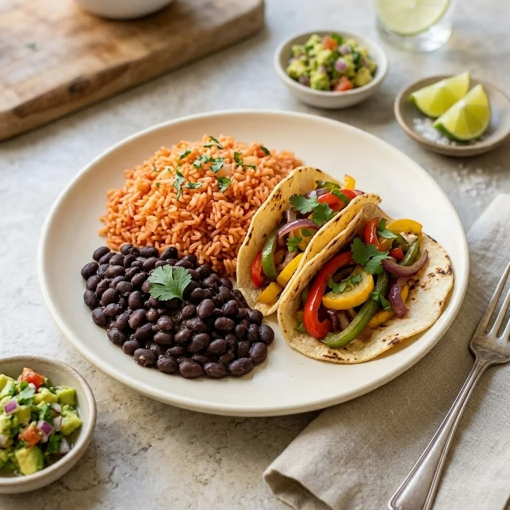 Mexican rice served beside black beans, vegetable tacos, avocado salsa, and lime.
