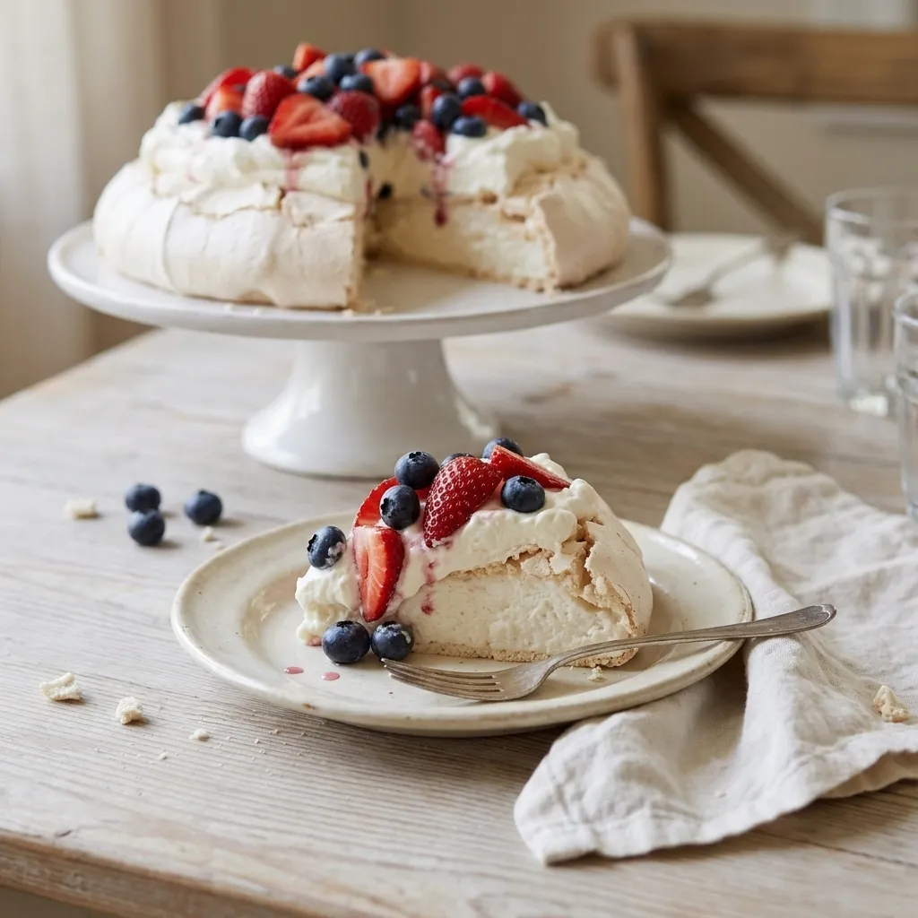 Served berry pavlova wedge on a dessert plate with a fork at a family table