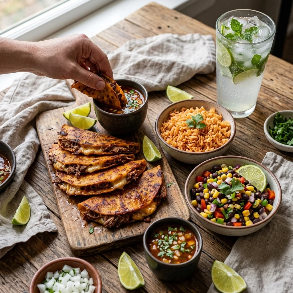 Birria tacos served with Mexican rice, bean salad, and a mint lime drink on a game day table
