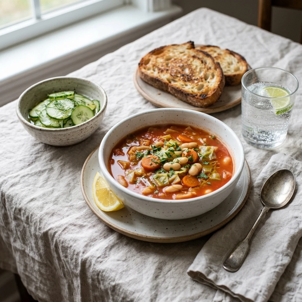 Cabbage soup recipe served with toasted sourdough, cucumber salad, and sparkling water for a cozy family dinner