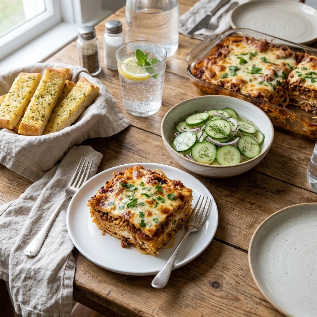 Cheesy spaghetti casserole served with cucumber salad and garlic breadsticks for an easy family dinner
