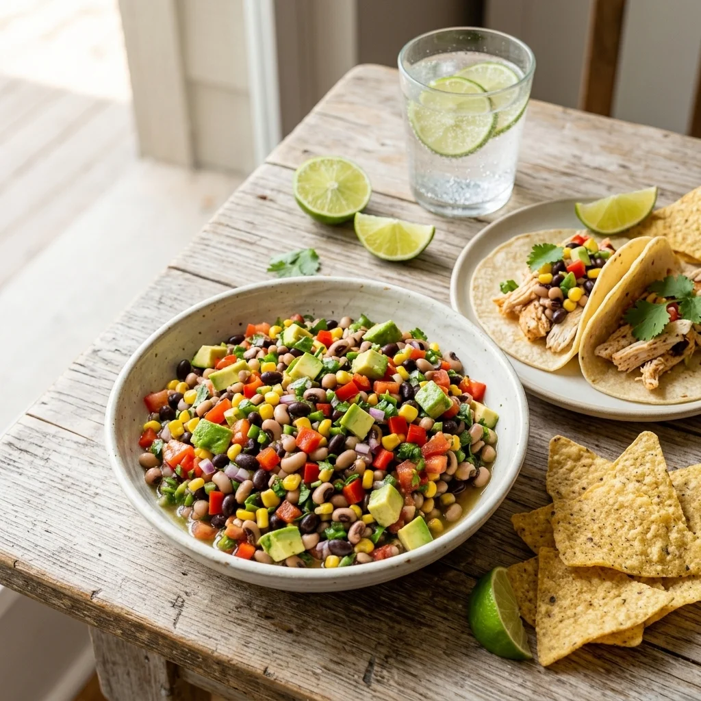 Fresh bean and corn dip served with tortilla chips, chicken tacos, lime wedges, and sparkling water.
