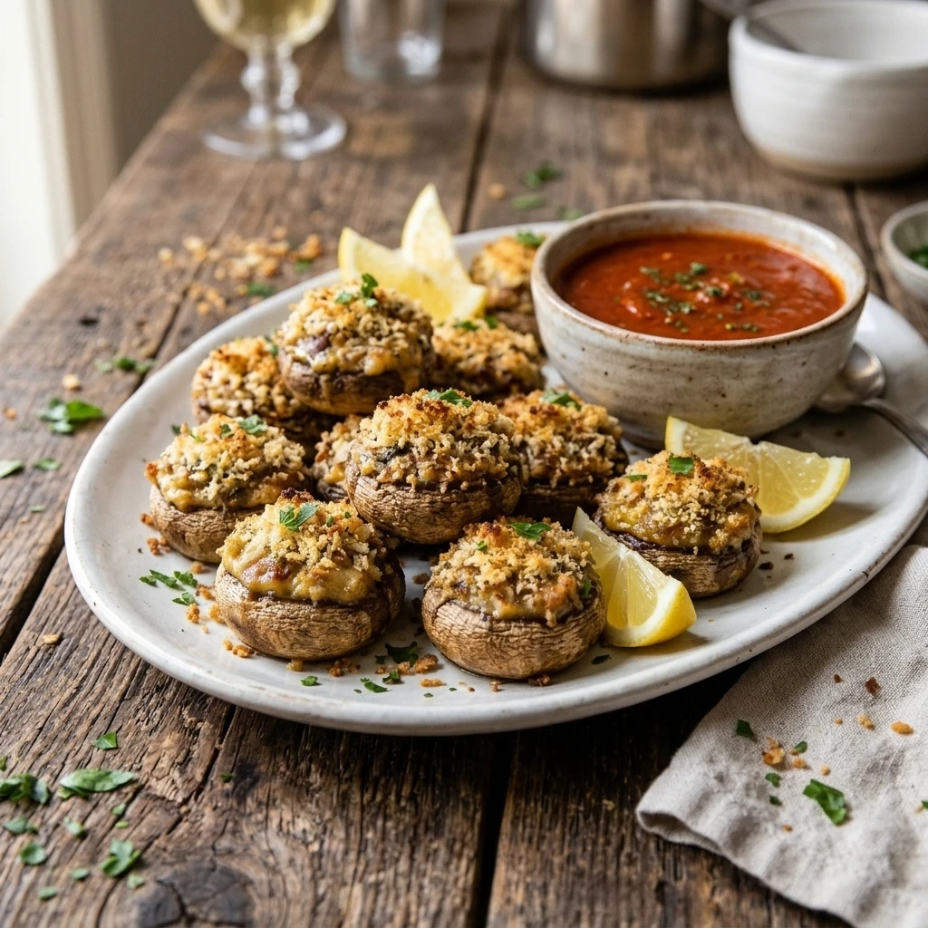 Serving platter of garlic Parmesan stuffed mushrooms with lemon wedges and warm marinara for dipping
