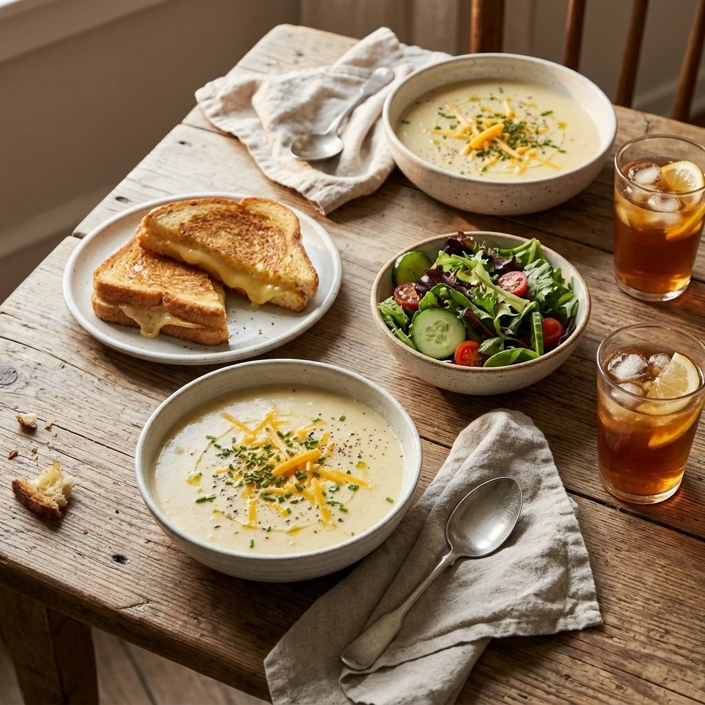 Two bowls of potato soup served with grilled cheese and green salad for a family dinner
