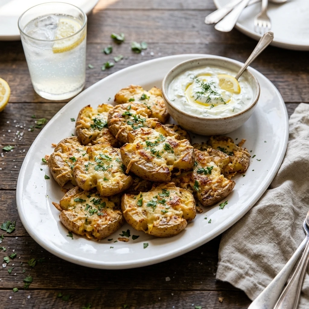 Serving platter of garlic Parmesan smashed potatoes with lemon yogurt dip for a family dinner
