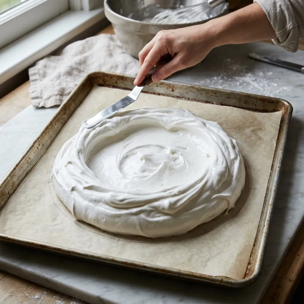 Glossy pavlova meringue shaped into a raised nine-inch circle on parchment