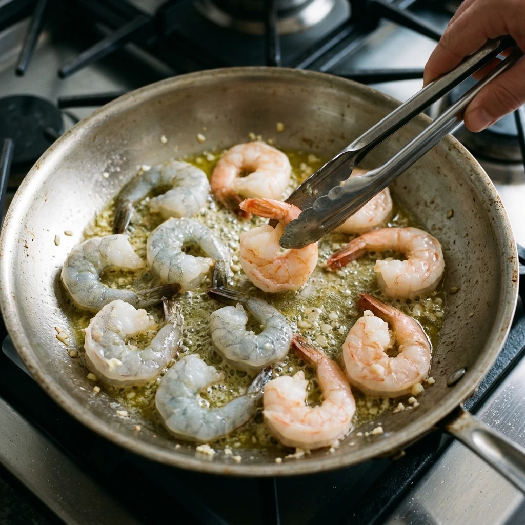 Shrimp turning opaque in a skillet as garlic butter shrimp scampi begins cooking

