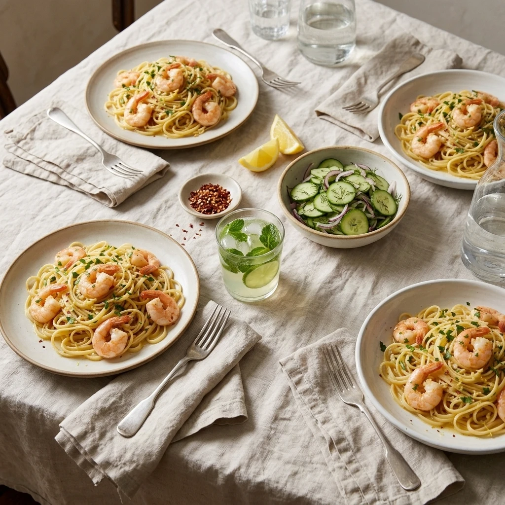 Four portions of shrimp scampi pasta beside cucumber salad and a mint lime mocktail on a dinner table
