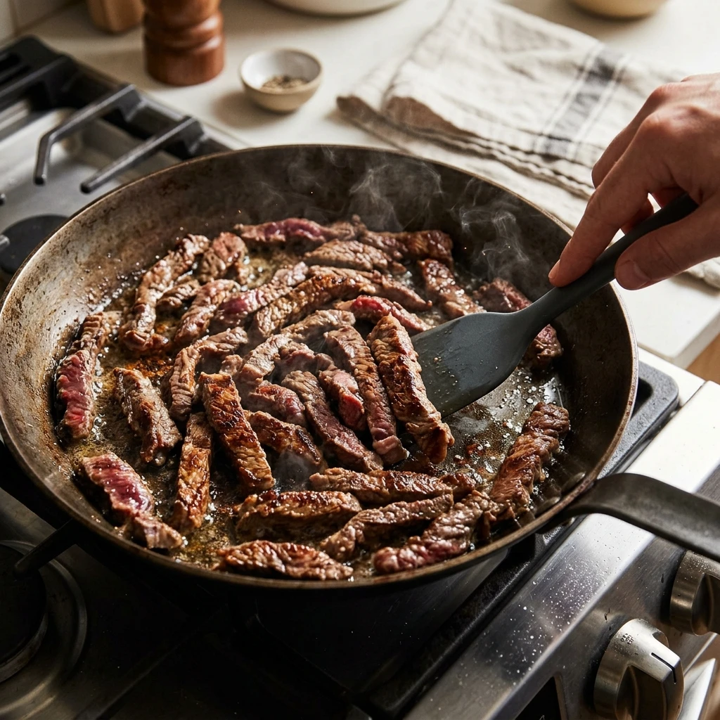 sirloin strips browning in a skillet during a quick beef stroganoff recipe
