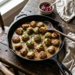 Skillet of Swedish meatballs in creamy brown gravy topped with fresh parsley on a rustic table