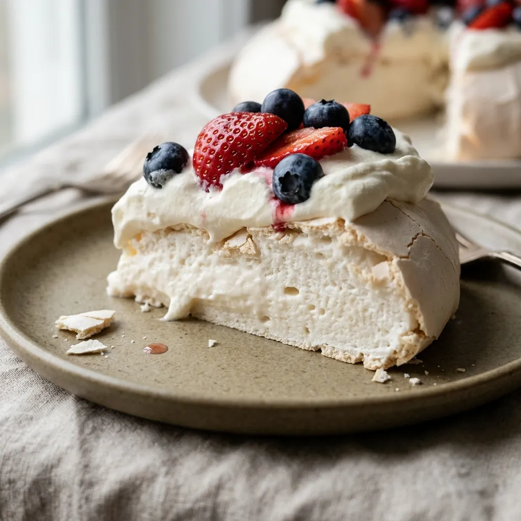 Slice of pavlova showing crisp meringue crust and a tender center under cream and berries
