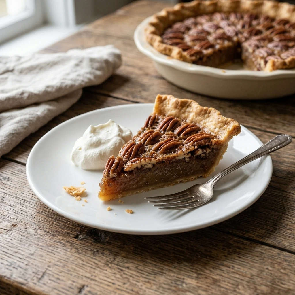 Sliced pecan pie with a set caramel filling and whipped cream on a white plate